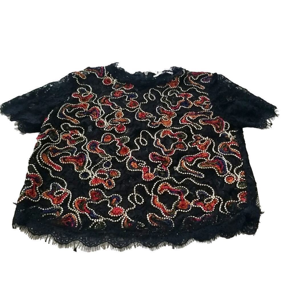 Zara Black Embroidery Lace Shortsleeve Top Sz Medium - Picture 3 of 7